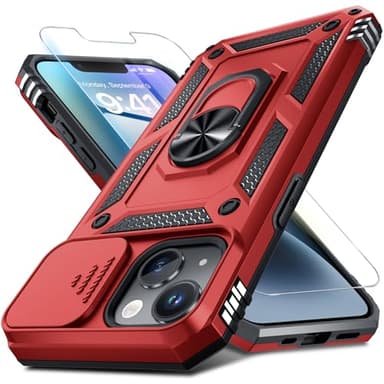 Janmitta Case for iPhone 16e Phone Cover Built in Slide Camera Lens Cover+Screen Protector,Heavy Duty Shockproof Full Body PhoneCase with Finger Ring Holder Kickstand,2025 Red - Image 1