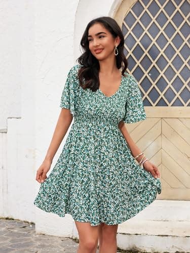 UEAL Womens Sundresses V Neck Green Floral Short Spring Summer Dresses for Women 2025 Small Green Floral - Image 4