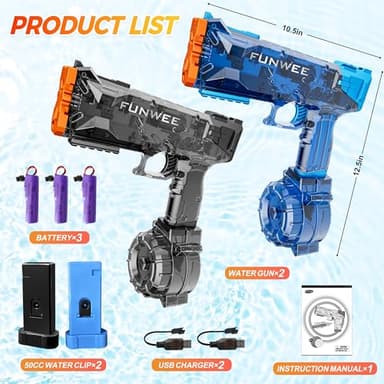 Funwee 2025 New Upgrade 2 Pack Electric Water Guns for Adult Kid, Light Up Strongest Full Auto Watergun High Capacity 500+ Water Blaster, Long Range Powerful Water Squirt Gun, Outdoor Pool Water Toy - Image 5