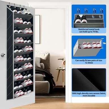 zebricolo shoe organizer,70 Pounds Large Capacity,20-30-Pair over the door shoe organizer,10 Tiers shoe rack for closet,New upgrade Anti-scratch heavy duty hook and Bamboo material Baffle, Black/Grey - Image 3