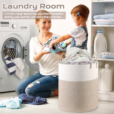 HOBASKET Cotton Rope Hamper for Girls Kids Baby Nursery Hamper Bin Woven Storage Basket for Living Room cute laundry basket Tall Laundry Basket for Blanket Toy storage bin(Beige) - Image 3
