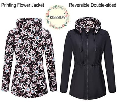 RISISSIDA Women Casual Reversible Lightweight Jacket with Hood Spring Fall,Transition Zipper Up Waterproof Raincoat Black M - Image 2