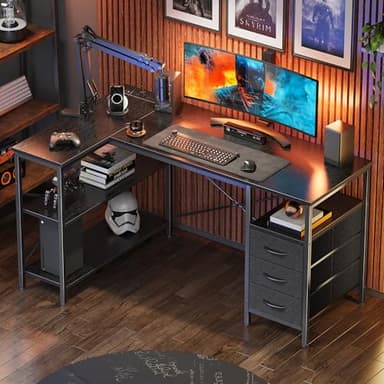 Huuger L Shaped Office Desk with Power Outlets, 47 Inch Computer Desk with 3 Drawers, Shelves, for Gaming, Corner Work, Home Office, Study, Black - Image 8