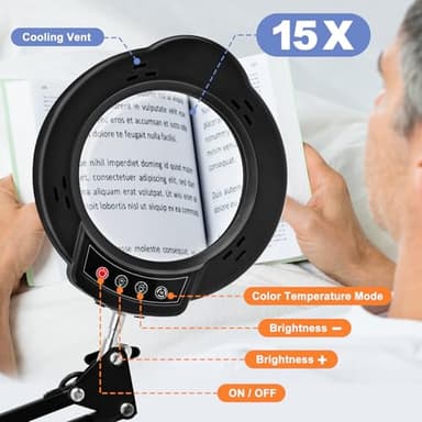 15X Magnifying Glass with Light and Clamp, Lighted Magnifying Glass Desk Lamp LED Magnifier Lamp with Light and Clamp 5 Color Mode 10 Brightness Dimmable Magnifier Lamp for Reading Close Work Craft - Image 6