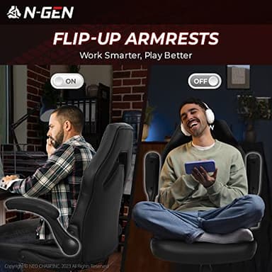 N-GEN Video Gaming Chair Ergonomic Computer Desk Office Chair with Lumbar Support Adjustable Height Swivel Wheels Flip-Up Arms PU Leather Home and Office (Black) - Image 6