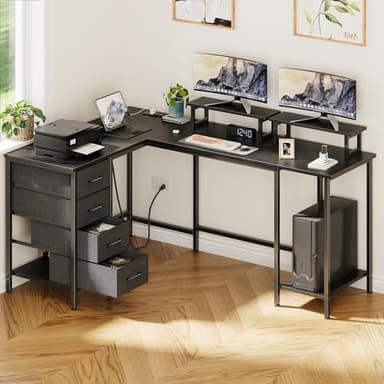 Korfile 59 inch L Shaped Computer Desk with Power Outlets, Home Office Desk with 4 Adjustable Storage Drawers & 2 Monitor Stands, Two Person Gaming Table for Bedroom, Black - Image 9