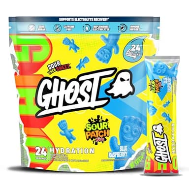 GHOST Hydration Packets, Sour Patch Kids Blue Raspberry, 24 Sticks, Electrolyte Powder - Drink Mix Supplement with Magnesium, Potassium, Calcium, Vitamin C - Vegan, Free of Soy, Sugar & Gluten - Image 1