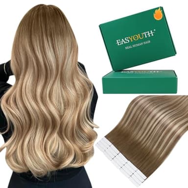 Easyouth 18 Inch Tape in Extensions Human Hair Balayage Seamless Tape in Hair Extensions Ombre Dark Brown to Blonde with Brown Hair Extension Real Human Hair Tapes in for Women 40g 20pcs - Image 1