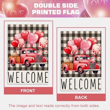 FUYUCHEN Valentines Day House Flag 28x40 Inch Double Sided Outside Buffalo Plaid Welcome Love Hearts Balloon Truck for Rustic Anniversary Wedding Holiday Outdoor Yard Decoration - Image 5