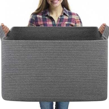 OIASKET 95L Extra Large Blanket Basket, 24" x 16.9" x 14.2" Woven Storage Basket for Living Room, Nursery Blanket Storage for Toys, Towels, Dirty Clothes (Grey) - Image 1