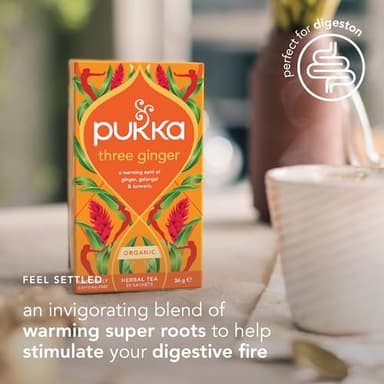 Pukka Three Ginger Organic Herbal Tea, Digestion-Aiding Infusion With Ginger, Turmeric, and Galangal, Tea Gift Set Ideal After Meals, Caffeine Free, 80 Total Bags (20ct - Pack of 4) - Image 3