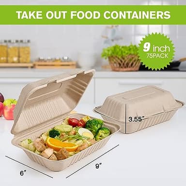 ECOLipak 75 Pack Clamshell Take Out Food Containers, 100% Compostable To Go Containers Disposable, 9X6 inch Heavy-Duty To Go Boxes, Eco-Friendly Biodegradable To Go Containers For Food - Image 2