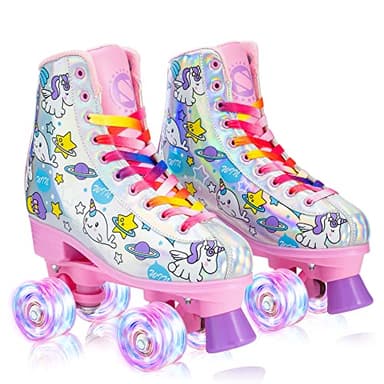 SULIFEEL Rainbow Unicorn Roller Skates for Girls Light up Wheels Womens Quad Skates with High Top Reflective TPU Leather Unicorn - Image 7