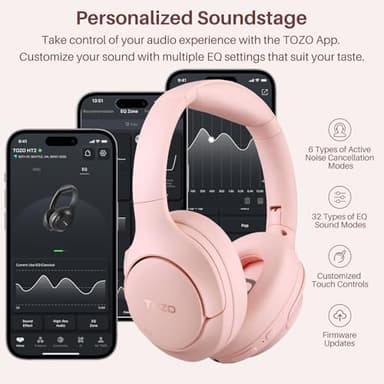 TOZO HT2 Hybrid Active Noise Cancelling Headphones, Wireless Over Ear Bluetooth Headset, 60H Playtime, Hi-Res Audio Custom EQ via App Deep Bass Comfort Fit Ear Cups, for Home Office Travel Pink - Image 4