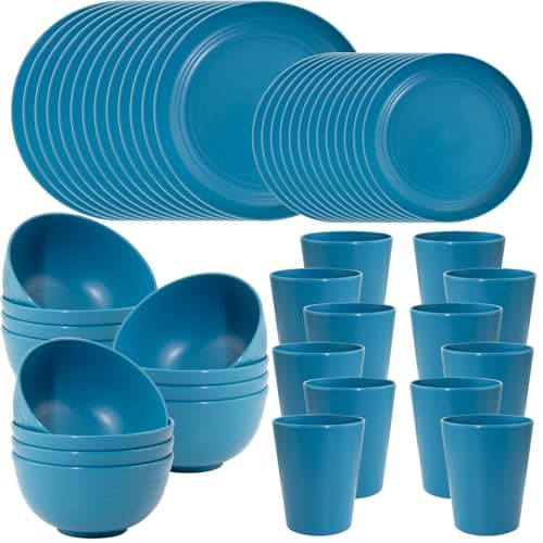 LIYH 48 Pcs Blue Wheat Straw Dinnerware, Plates and Bowls Set, Camping Dish Set for 12, Plastic Dinnerware Set, Dishwasher Safe Dinnerware Set, Unbreakable Plastic, Camper Dish Sets - Image 1