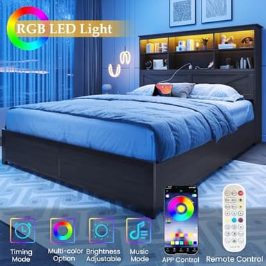 HISOFT Queen Bed Frame with Headboard, Queen Bed Frame with High Storage Bookcase, 4 Storage Drawers & LED & Charging Station,No Box Spring Needed/Noise Free/All-Metal Support, Grey - Image 4