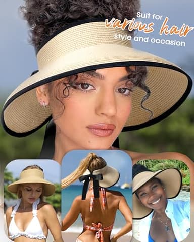 Camptrace Sun Visors for Women Wide Brim Beach Hat Foldable Straw Visor Hat Ponytail Summer Packable UPF 50+ Beige - Image 3