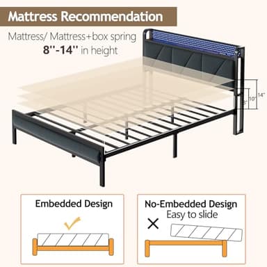 Furnulem Full Bed Frame with LED Lights,Headboard with Charging Station and USB Port,Upholstered Platform Bedframe Metal Support,No Box Spring Needed - Image 8