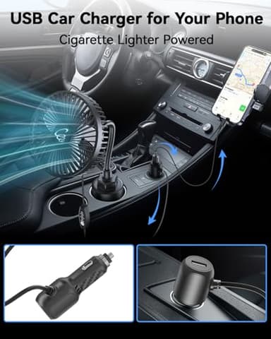 ASKPULION 12V Car fan, 3-Speed Portable Vehicle Fan for Front Seat, Cigarette Lighter Powered with Car Charger, Mounted in Cup Holder, 360° Rotation, Car Necessities for Dog/SUV/RV/Truck/Van - Image 4