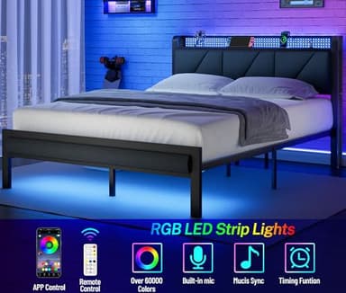 Furnulem Full Bed Frame with LED Lights,Headboard with Charging Station and USB Port,Upholstered Platform Bedframe Metal Support,No Box Spring Needed - Image 4