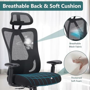 Home Office Desk Chair, Ergonomic Rolling Work Swivel High Back 135°Tilt Function Big and Tall Computer with Wheels, 2D Armrest Adjustable Lumbar Support & Headres, Modern Black - Image 5
