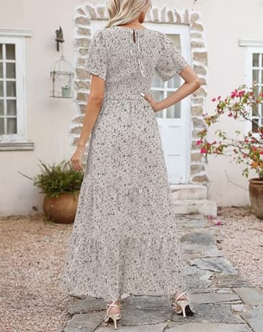 Kranda Summer Dresses for Women 2025 Crew Neck Flutter Short Sleeve Tiered Ruffle Smocked Floral Vacation Beach Maxi Dress Beige M - Image 4