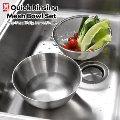 WAGENSTEIGER Stainless Steel Mixing Bowl and 3-Legged Colander Set, Multipurpose Kitchen Basket with Fine Mesh Colander, Salad Mixing Bowl with Strainer, Rinsing Vegetables & Fruits (22cm / 8.66") - Image 3