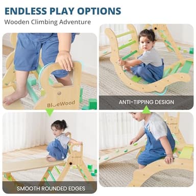 BlueWood Pikler Triangle Set, Toddler Wooden Climbing Toys Indoor 7in1 Foldable Climber for Kids, Montessori Philosophy Play Jungle Gym with Arch, Ramp, Ladder (Green Summer) - Image 4