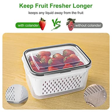 5 PCS Large Fruit Containers for Fridge - Leakproof Food Storage Containers with Removable Colander - Dishwasher & microwave safe Produce Containers Keep Fruits, Vegetables, Berry, Meat Fresh longer - Image 3