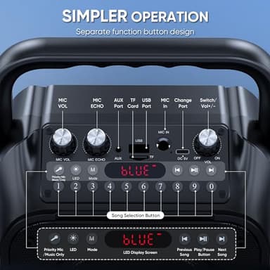 Karaoke Machine, Portable Bluetooth Speaker with 2 Wireless Microphones for Adults & Kids with Lights, Karaoke Microphone with PA System Supports USB/TF/REC/FM/AUX for Home Party Home System Packages - Image 5