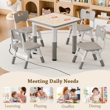 Pterying Kids Table and 2 Chairs Set, Height Adjustable Toddler Table and Chair Set, 23.6" L x 23.6" W Children Multi-Activity Table for Ages 2-8, Graffiti Desktop, Daycare, Classroom, Home (Grey) - Image 6