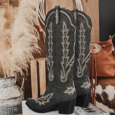 Cowboy Boots for Women Black Cowgirl Knee High Boots with Classic Embroidered Pull On Pointed Toe Chunky Heel Vintage Wedding Country Tall Western Boots Size 6 - Image 5