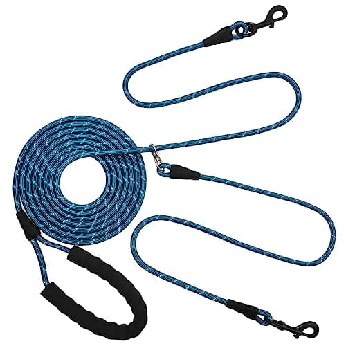 BTINESFUL 12ft/20ft/32ft Long Dog Leash for 2 Dogs, No Tangle 1/3inch Reflective Dual Leash Long Lead for Medium Small Breeds, Outside Walking Lead for Two Dogs Playing Recall Training (blue-32ft) - Image 1