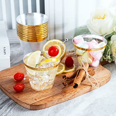 Ciaell 300PCS Gold Plastic Cups - 9Oz Heavy Duty Plastic Cups - Gold Rimmed Disposable Cup - Disposable Clear Wine Cup with Gold Rim for Party & Wedding & Thanksgiving - Image 2