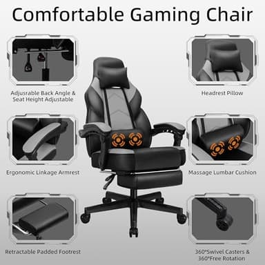 Shintenchi Gaming Chair, Computer Chair with Footrest and Lumbar Support,Video Game Chair Height Adjustable,Racing Style Computer Chair with 360°-Swivel Seat and Headrest (Grey) - Image 4