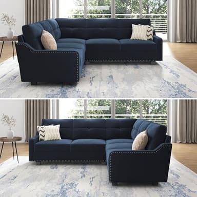 HONBAY Convertible Sectional Sofa L Shaped Couch for Small Apartment Reversible Sectional Couch for Living Room,Velvet Dark Blue - Image 3