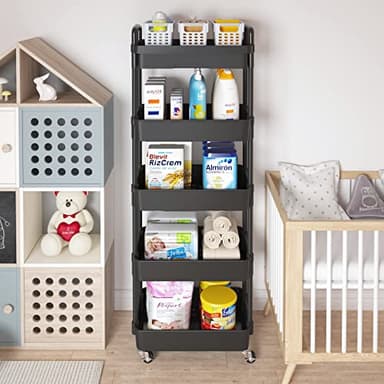 Calmootey 5-Tier Rolling Utility Cart with Drawer,Multifunctional Storage Organizer with Plastic Shelf & Metal Wheels,Storage Cart for Kitchen,Bathroom,Living Room,Office,Black - Image 3