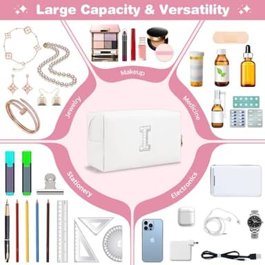 Bride Gifts – Personalized Initial Makeup Bag with Pearl Rhinestone Patch, Preppy White Monogram Cosmetic/Toiletry Pouch, bridesmaid Gifts, Bridal Shower Gifts, Wedding Gifts, Bridal Gifts,I - Image 6