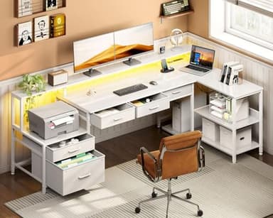 AODK L Shaped Desk with 5 File Drawers, 75" Reversible L Shaped Computer Desk with Power Outlet & LED Strip, Office Desk with Storage Shelves, Gaming Table with Monitor Shelf, Corner Table, White - Image 9