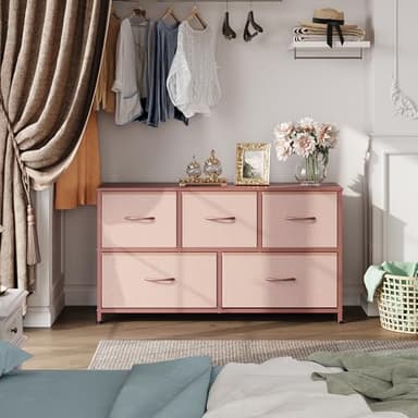 WLIVE Dresser for Bedroom with 5 Drawers, Wide Chest of Drawers, Fabric Dresser, Storage Organization Unit with Fabric Bins for Closet, Living Room, Hallway, Pink and Rose Gold - Image 5