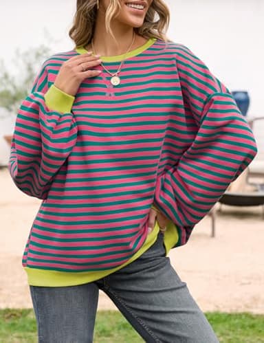 UEU Oversized Striped Sweatshirt for Women Casual Loose Fit Long Sleeve Crewneck Pullover Tops Pink Green Striped X-Large - Image 3
