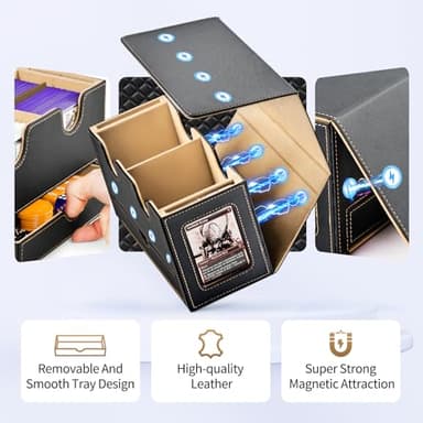 UAONO MTG Deck Box with 2 Commander Display and Dice Tray-Patented Design, Double Deck Box for 280+ Single Sleeved Cards, Leather Magnetic Card Storage Box Fits for TCG CCG Magic Cards (Black&Khaki) - Image 5