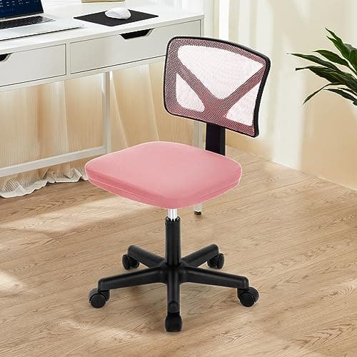 DUMOS Armless Desk Chairs with Wheels, Ergonomic Adjustable Home Office Swivel Rolling Task Chair No Arms, Comfy Mesh Mid Back Computer Work Vanity Desk Seat for Small Spaces, New Pink - Image 1