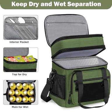 GLENKEY Double Deck Insulated Lunch Box, Expandable Xlarge Lunch Bag Leakproof Cooler Bag Lunch Pail for Men Women Adults Work Shifts Travel Daytrip,22L,Army Green - Image 2