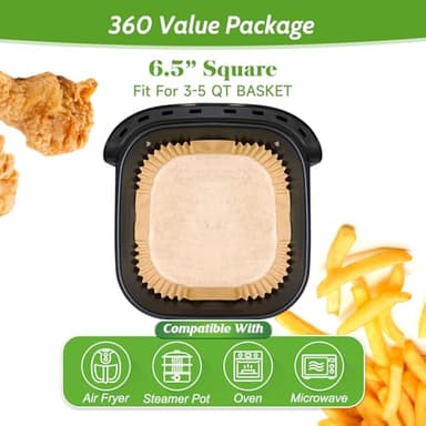 360 Pcs 6.5” Square Unbleached Heavy Duty Air Fryer Paper Liners Disposable, Non-Stick & Non-Leak Parchment Paper Liners for Airfryer Basket, Deep Fryer Parts & Accessories - Image 2
