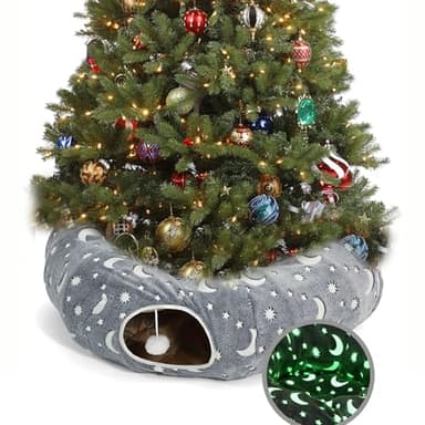 LUCKITTY Cat Tunnel Bed Under Christmas Tree with Plush Ball Toy Playground Crinkle Collapsible Self-Luminous Flannel Fabric 3FT for Large Cats Kittens Kitty Small Animals Puppy Grey Moon Star - Image 8