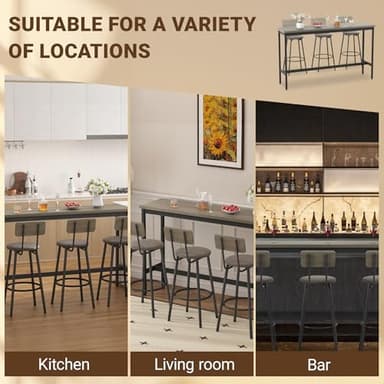 Elevon 63 in Long Bar Table Set with 3 PU Upholstered Bar Stools, Dining Table and Chair Sets, Industrial Tall Coffee Table and Back Chair for Kitchen, Living Room, Party Room, Small Space, Pub, Gray - Image 4
