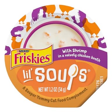 Purina Friskies Grain Free Lickable Cat Food Toppers Lil’ Soups With Shrimp in a Velvety Chicken Broth - (Pack of 8) 1.2 oz. Cups - Image 1