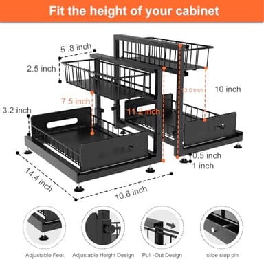 2 Pack Under Sink Organizers and Storage,Pull Out Cabinet Organizer,2-Tier Sliding Out Kitchen Basket Sink Shelf Cabinet Organizers Adjustable L Shape Counter Organizers for Bathroom Kitchen (Black) - Image 5