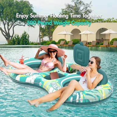 Sunikko X 5-in-1 Pool Floats Adult Heavy Duty River Tube, 2 Person Water Lounge with Backrests, Built-in Cooler, Cup Holders, Deluxe Pool Float for Summer Relaxation - Image 2